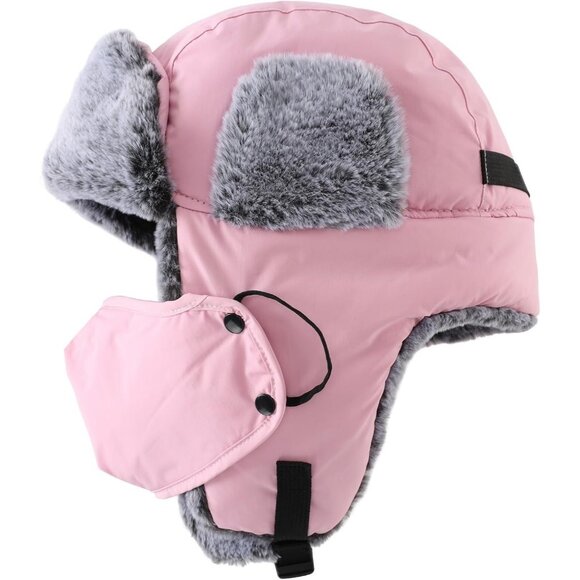 Men Pink Faux Fur Trapper Hat with Face Mask Winter Trooper Hunting Hat - Picture 5 of 9